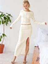Beige Women's Two Pieces Sweaters Knitting Sweety Skirt Sets