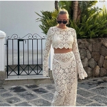 White Women Crochet Hook Knitted Hollow Out Skirt Set Suits