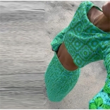 Green Women Crochet Hook Knitted Hollow Out Skirt Set Suits