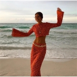 Orange Women Crochet Hook Knitted Hollow Out Skirt Set Suits