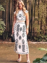White Women Printed Crop Tops Lace Up Casual Skirt Sets Midi Dress