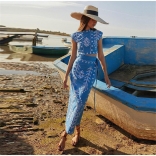Blue Women Printed Crop Tops Lace Up Casual Skirt Sets Midi Dress
