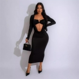 Black Long Sleeve Deep V Neck Pleated Evening Party Sexy Midi Dress