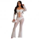 White Off Shoulder Long Sleeve Lace See Through Women Sexy Jumpsuits