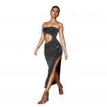 Black Off Shoulder Sleeveless Cut Out Diamonds Women Prom Club Midi Dress