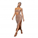 Beige Off Shoulder Sleeveless Cut Out Diamonds Women Prom Club Midi Dress