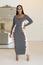 Gray Long Sleeve O Neck Tassels Bodycon Party Street Midi Dress