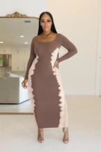 Khaki Long Sleeve O Neck Tassels Bodycon Party Street Midi Dress