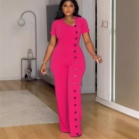 Rose Red Short Sleeve Irregular Neck Button Wide Leg Street Wear Jumpsuit