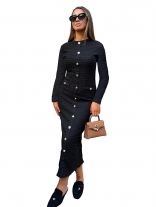Black Long Sleeve Button Knitted Office Lady Pleted Women Midi Dess