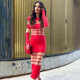 Red Long Sleeve Mesh Hollow Out See Through Bandage Midi Dress