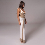 White Strapless V Neck Crop Top Belt Slit Fashion Casual Women Midi Skirt Dress