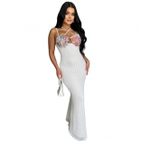 White Printed Daimonds Bra Straps Knitted Sexy Women Casual Long Dress
