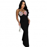 Black Printed Daimonds Bra Straps Knitted Sexy Women Casual Long Dress