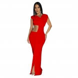 Red Sleeveless V Neck Pleated Cut Out Snatched Luxury Long Dress