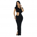 Black Sleeveless V Neck Pleated Cut Out Snatched Luxury Long Dress