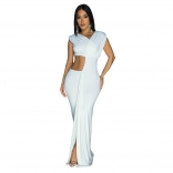 White Sleeveless V Neck Pleated Cut Out Snatched Luxury Long Dress