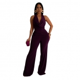 Claret Sleeveless Deep V Neck Pleated Two Pieces Women Sexy Pant Sets Jumpsuit Dress