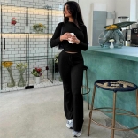 Black Long Sleeve Cotton Tops Bodycon Casual Streetwear Pant Sets