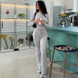 Gray Long Sleeve Cotton Tops Bodycon Casual Streetwear Pant Sets