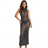 Black Sleeveless Mesh See Throug Diamonds Sexy Party Maxi Dress