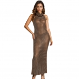 Beige Sleeveless Mesh See Throug Diamonds Sexy Party Maxi Dress