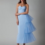 Sky Blue Elegant Off Shoulder Strapless Pleats Mesh Ruffles Party Evening Prom Midi Dress