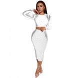 White Two Pieces Long Sleeve Rhinestones Bodycon Party Prom Midi Dress