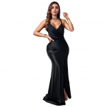 Black Straps Low Cut V Neck Lace Sexy Elegant Pleated Evening Slit Formal Dress