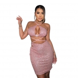 Pink Straps Sequins Sexy Crop Tops Lace Up Party Women Bodycon Mini Dress