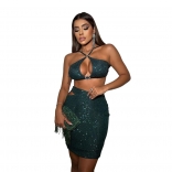 Green Straps Sequins Sexy Crop Tops Lace Up Party Women Bodycon Mini Dress