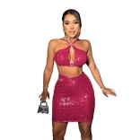 Rose Red Straps Sequins Sexy Crop Tops Lace Up Party Women Bodycon Mini Dress