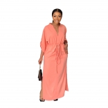 Pink Half Sleeve V Neck Lace Up Fashion Casual Women Party High Slit Long Dress