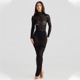 Black Long Sleeve Rompers Lace Hollow Out Bodycon High Slit Sexy Evening Skirt Maxi Dress
