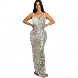 Silver Strapless V Neck Pearls Elegant Women Sequins Bodycon Formal Maxi Dress