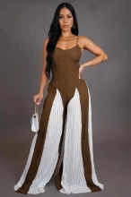 Coffee Straps V Neck Knitted Patchwork Women Wide Leg Jumpsuit Dress