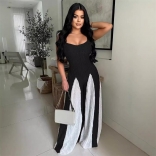 Black Straps V Neck Knitted Patchwork Women Wide Leg Jumpsuit Dress
