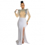 White Long Sleeve Mesh Diamonds See Through Tassels Evening Prom Party Maxi Dress