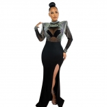 Black Long Sleeve Mesh Diamonds See Through Tassels Evening Prom Party Maxi Dress