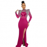 Rose Red Long Sleeve Mesh Diamonds See Through Tassels Evening Prom Party Maxi Dress