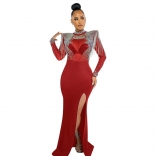 Red Long Sleeve Mesh Diamonds See Through Tassels Evening Prom Party Maxi Dress