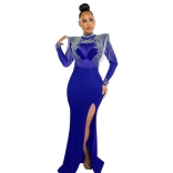 Blue Long Sleeve Mesh Diamonds See Through Tassels Evening Prom Party Maxi Dress