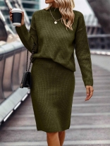 Green Long Sleeve Sweaters Half Turtleneck Top Striped Fashion Two Pieces Women Skirt Sets