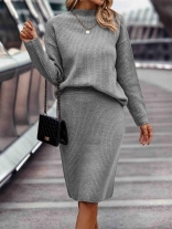 Gray Long Sleeve Sweaters Half Turtleneck Top Striped Fashion Two Pieces Women Skirt Sets