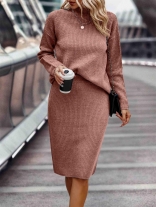 Pink Long Sleeve Sweaters Half Turtleneck Top Striped Fashion Two Pieces Women Skirt Sets