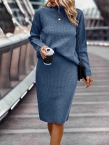 LightBlue Long Sleeve Sweaters Half Turtleneck Top Striped Fashion Two Pieces Women Skirt Sets