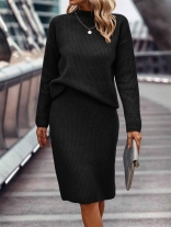Black Long Sleeve Sweaters Half Turtleneck Top Striped Fashion Two Pieces Women Skirt Sets