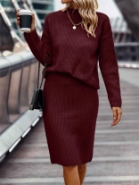 Claret Long Sleeve Sweaters Half Turtleneck Top Striped Fashion Two Pieces Women Skirt Sets