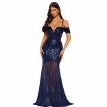 RoyalBlue Off Shoulder Strapless V Neck Sequins Mesh Elegant Wedding Prom Dress