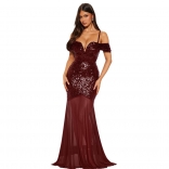 Claret Off Shoulder Strapless V Neck Sequins Mesh Elegant Wedding Prom Dress